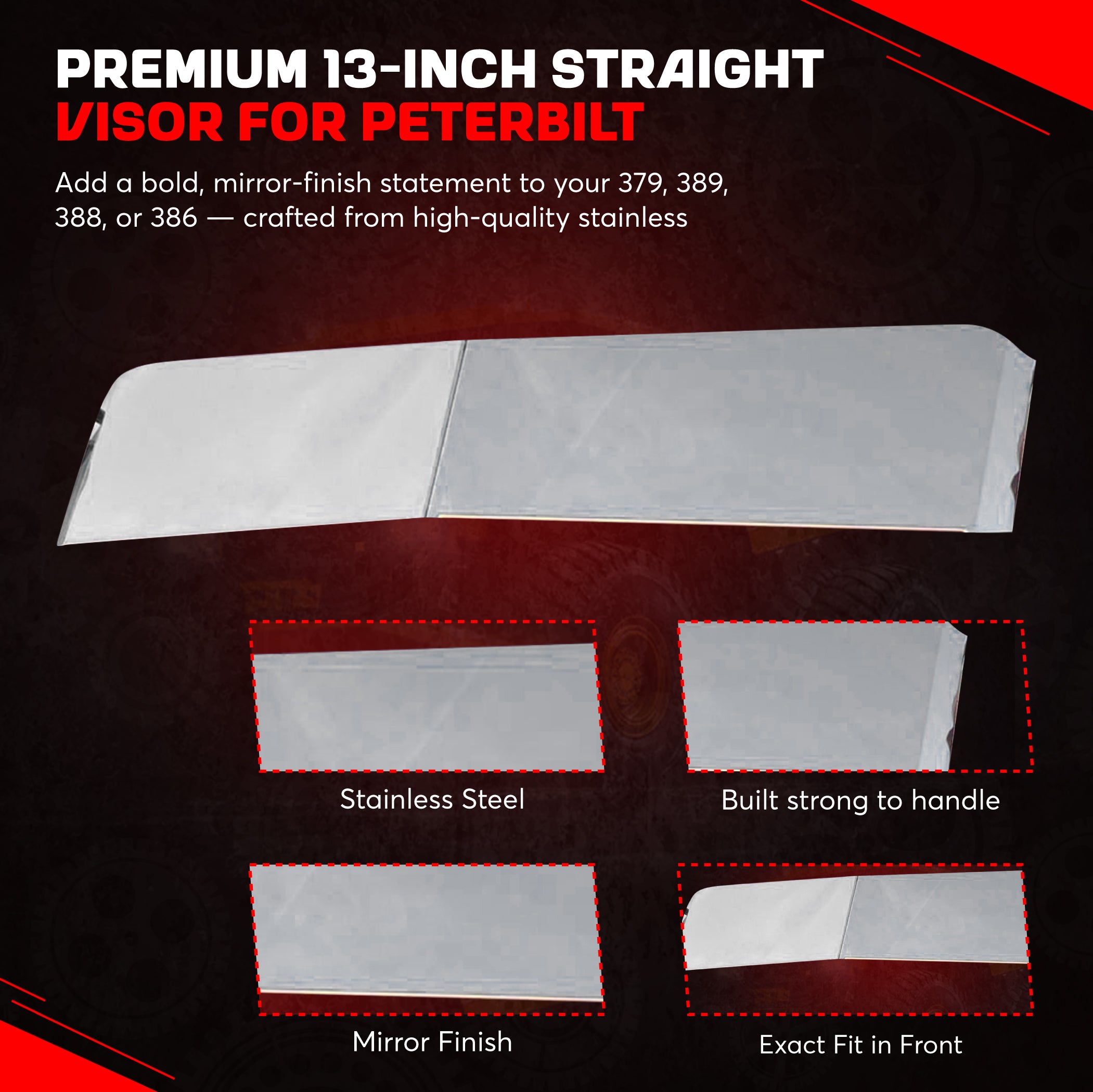 Peterbilt Visor 13 inch Straight for 379 389 388 386 1995 and Up