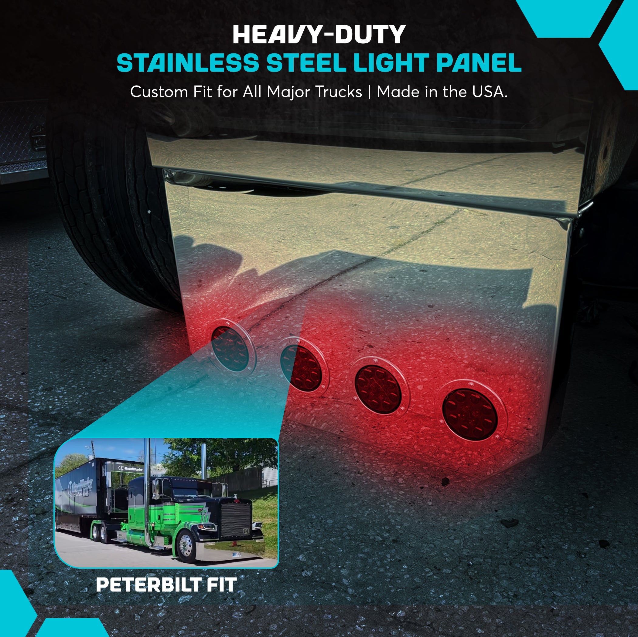 Rear Center Panel 20 Inch Hexagonal Style Stainless Steel W/ 5 - 4 Inch On Front And W/ 2 - 4 Inch Light Holes Cutouts On The Back | Universal Fit | Lighs Not Includedront And  W