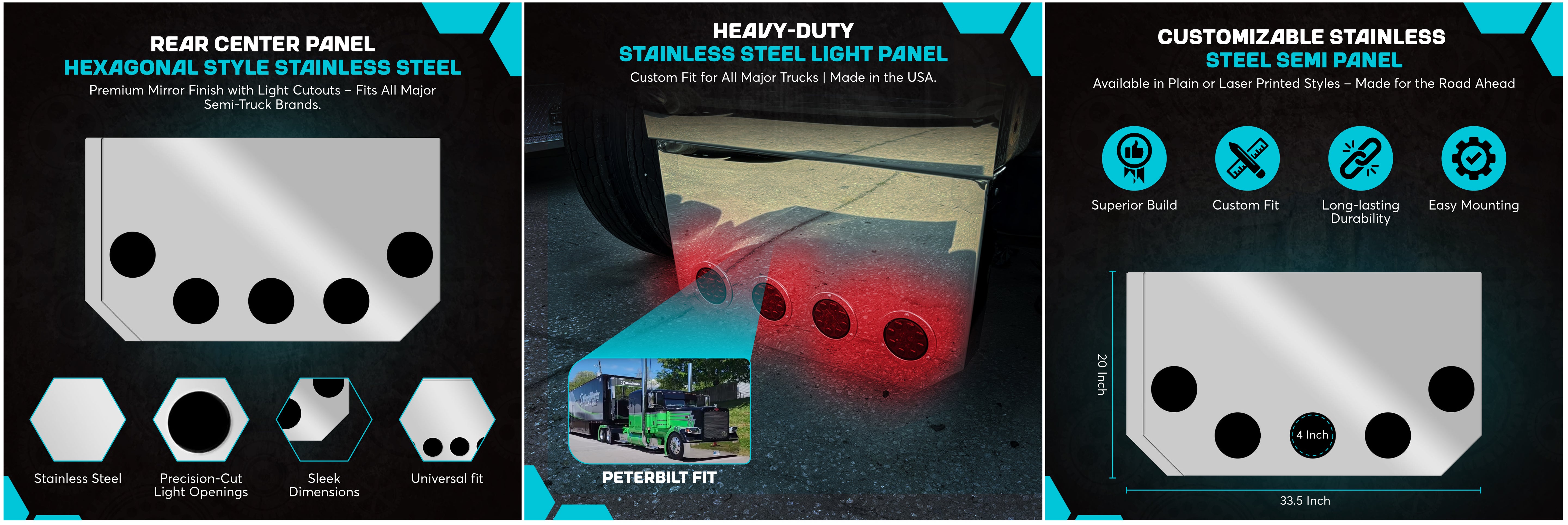 Rear Center Panel 20 Inch Hexagonal Style Stainless Steel W/ 5 - 4 Inch On Front And W/ 2 - 4 Inch Light Holes Cutouts On The Back | Universal Fit | Lighs Not Includedront And  W