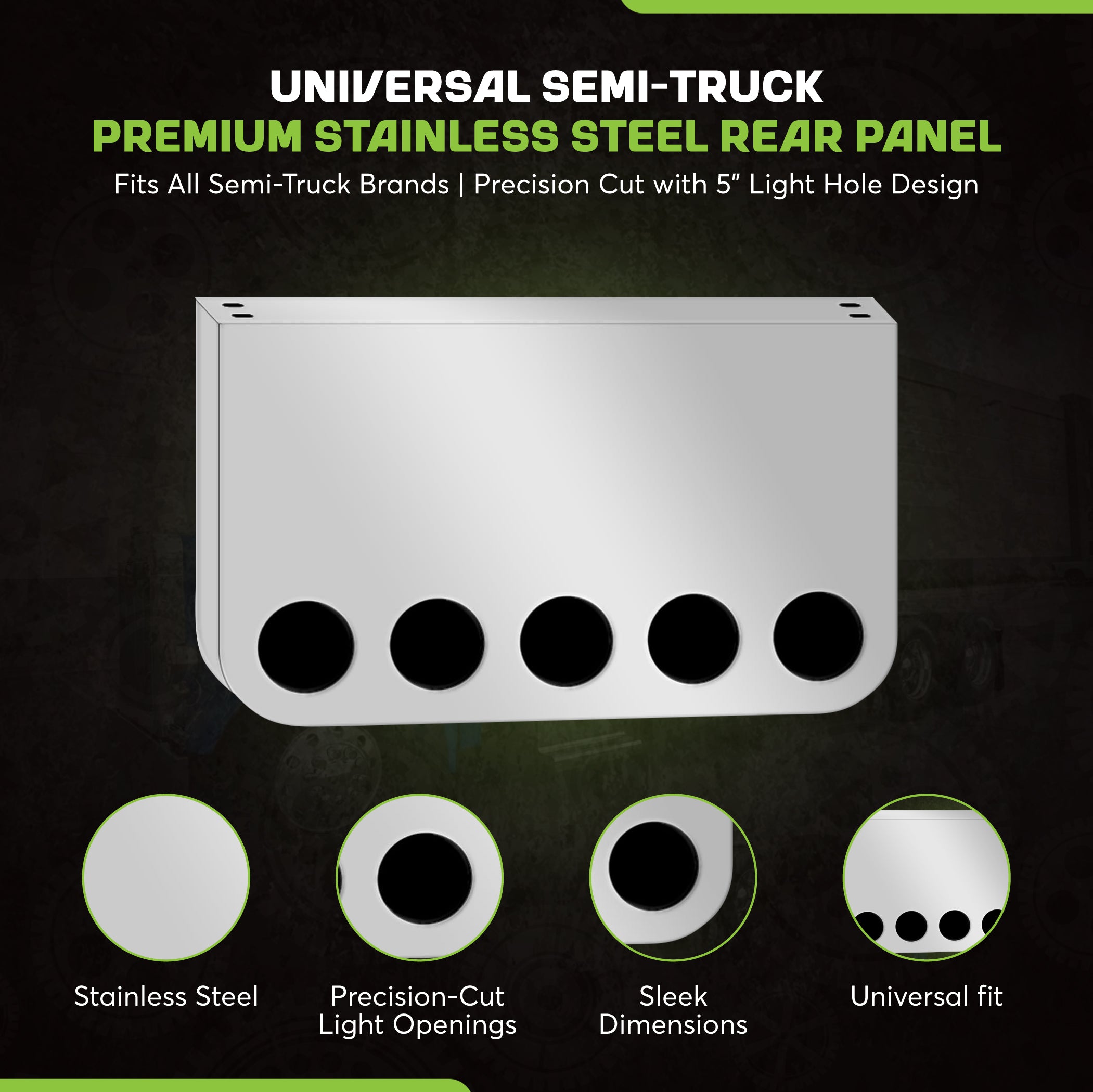 Rear Center Panel 16 Inch RC Style Stainless Steel  W/ 5 - 4 Inch On Front And  W/ 2 - 4 Inch Light Holes Cutouts On The Back | Universal Fit | Lighs Not Included