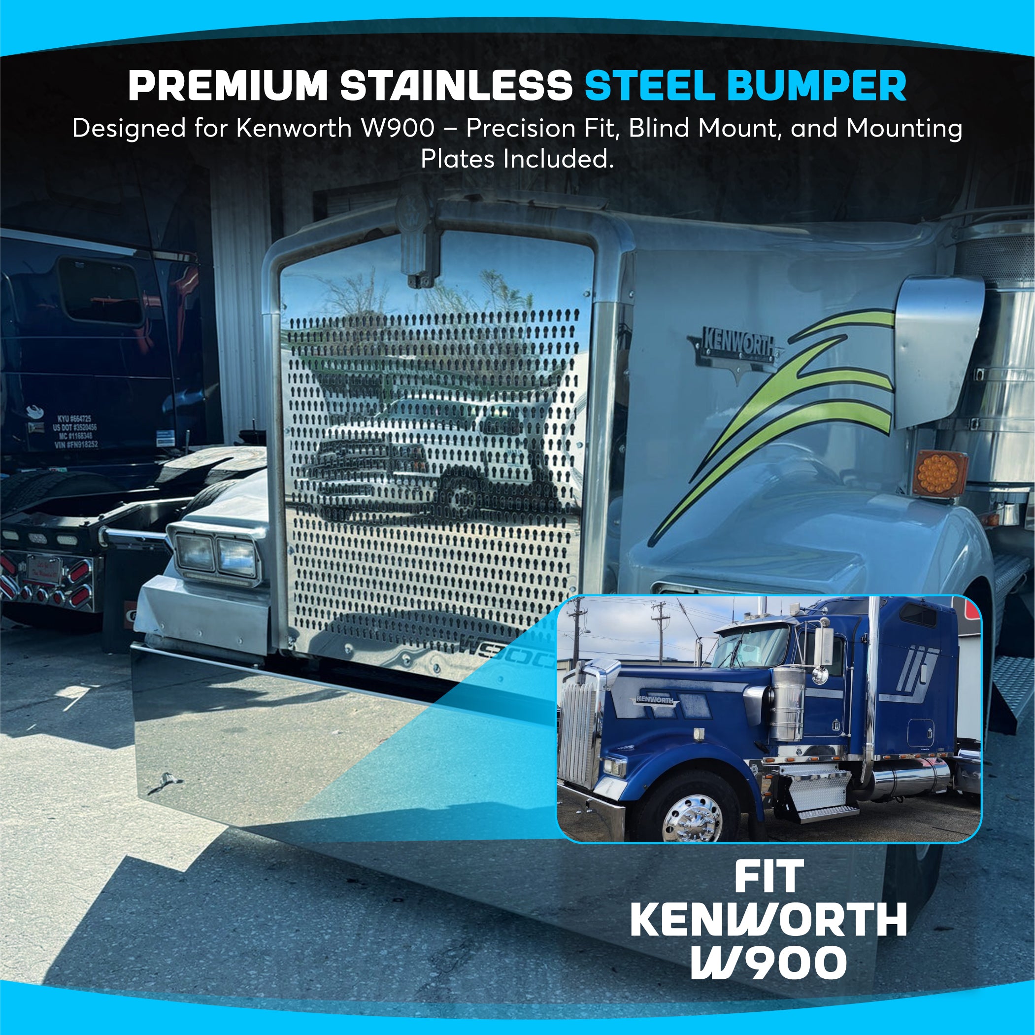 Stainless Steel Mitered End Bumper, Blind Mount & Mounting Plates By Floridas Finest Customs Works, Mirror Finish Made In USA compatible with Kenworth W900