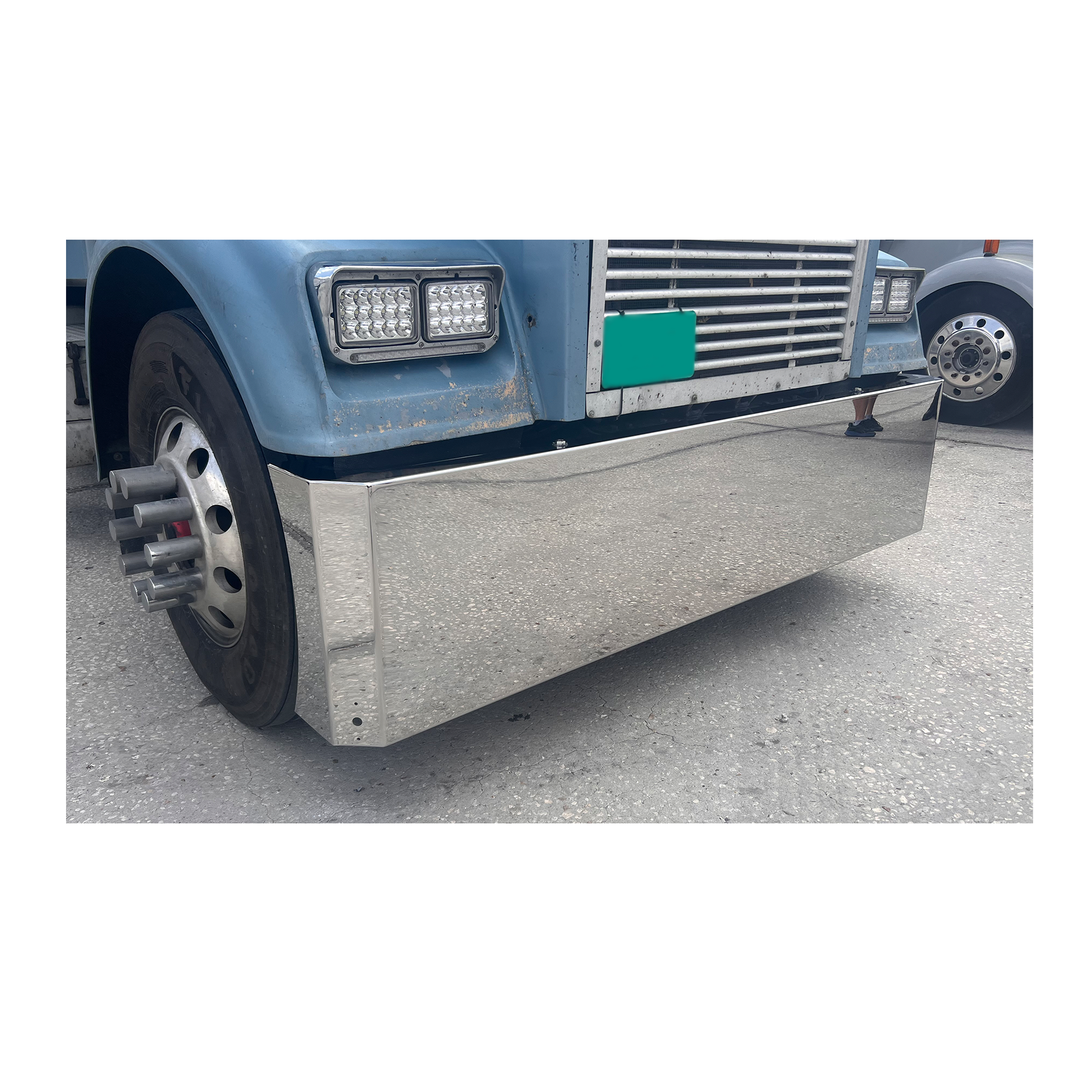Freightliner Classic Steynless Steel Buzzard Bumper W/ 8 Inch Ends, Blind Mount & Mounting Plates For Freighliner By Floridas Finest Customs Works, Mirror Finish Made In USA