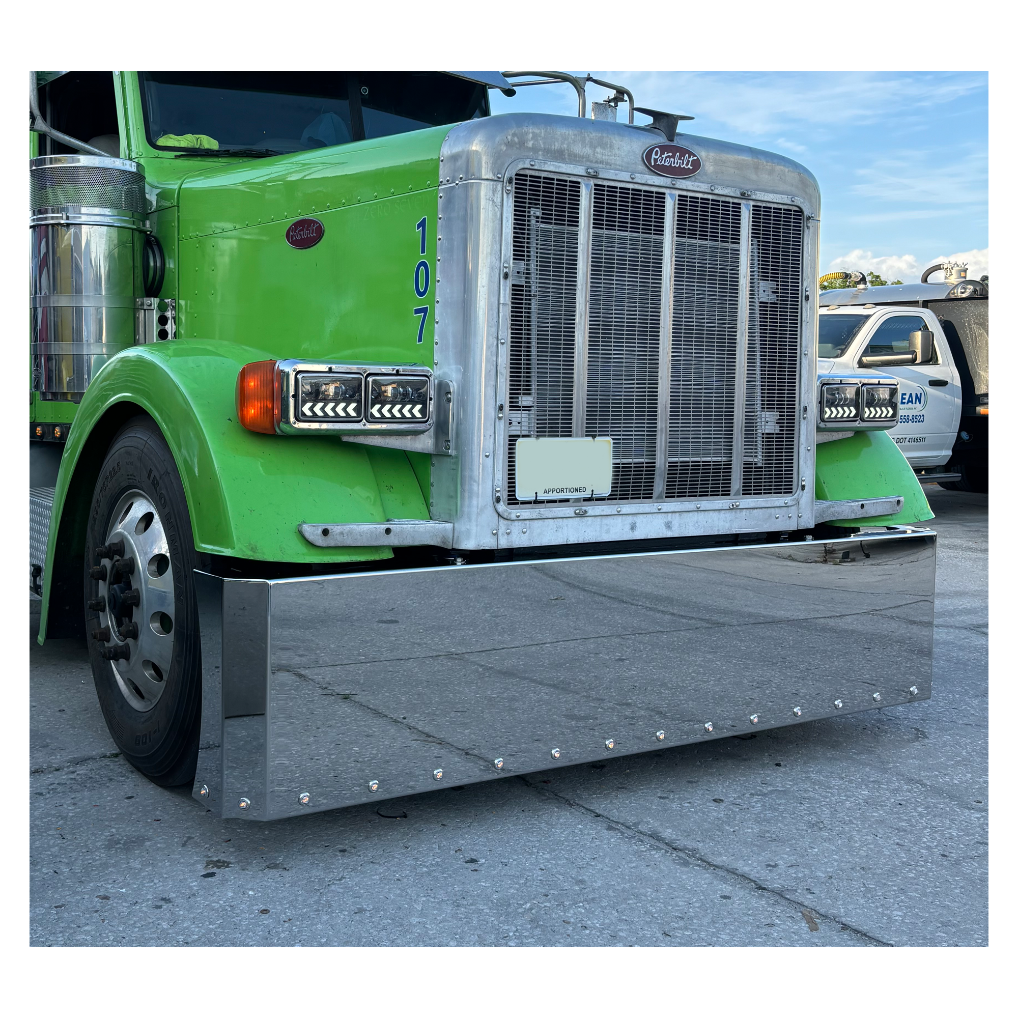 Peterbilt 379 389 Stainless Steel Buzzard Bumper W/ 8 Inch Ends, Blind Mount & Mounting Plates For Peterbilt 379 389 By Floridas Finest Customs Works, Mirror Finish Made In USA