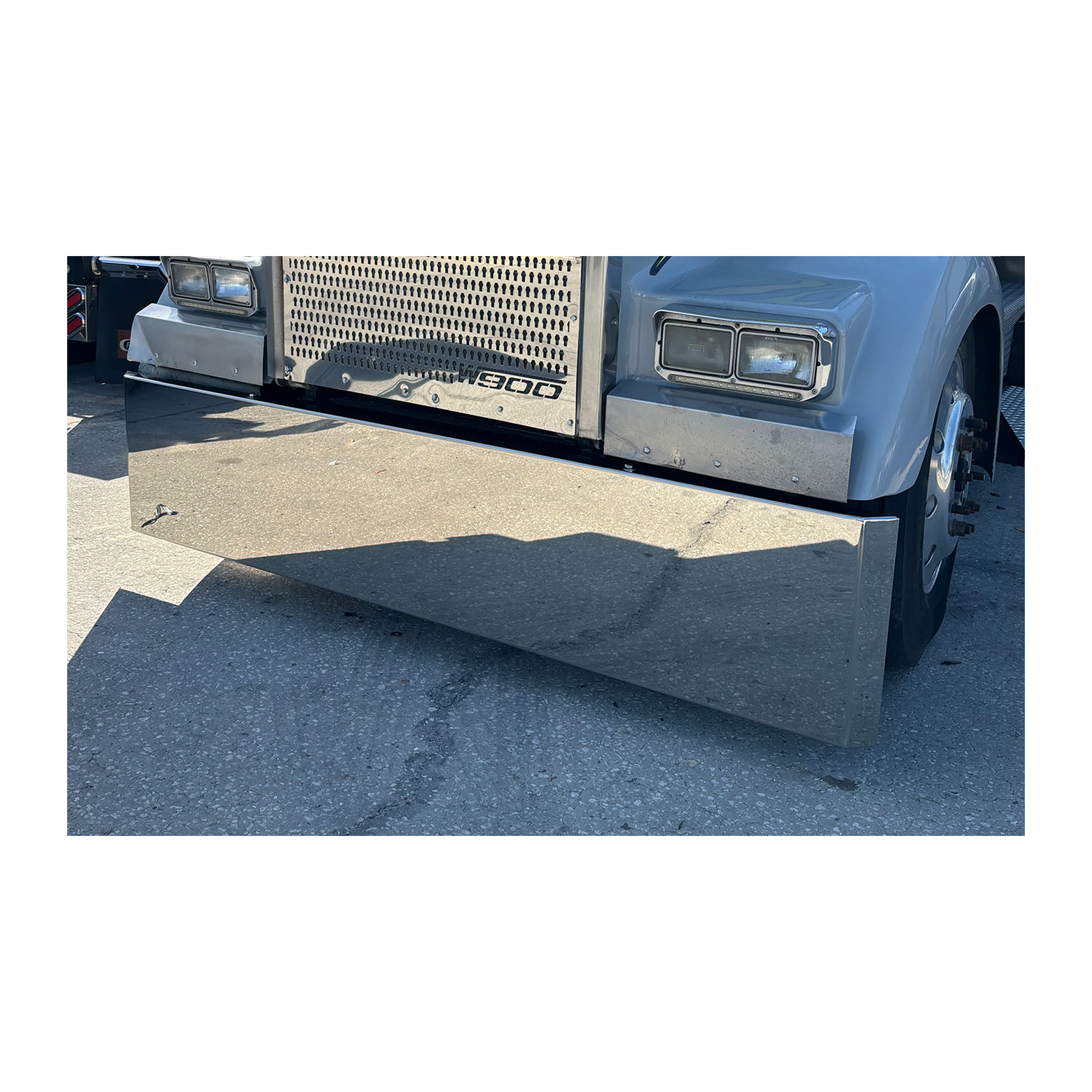 Kenworth W900 Stainless Steel Mitered End Bumper, Blind Mount & Mounting Plates For Kenworth By Floridas Finest Customs Works, Mirror Finish Made In USA