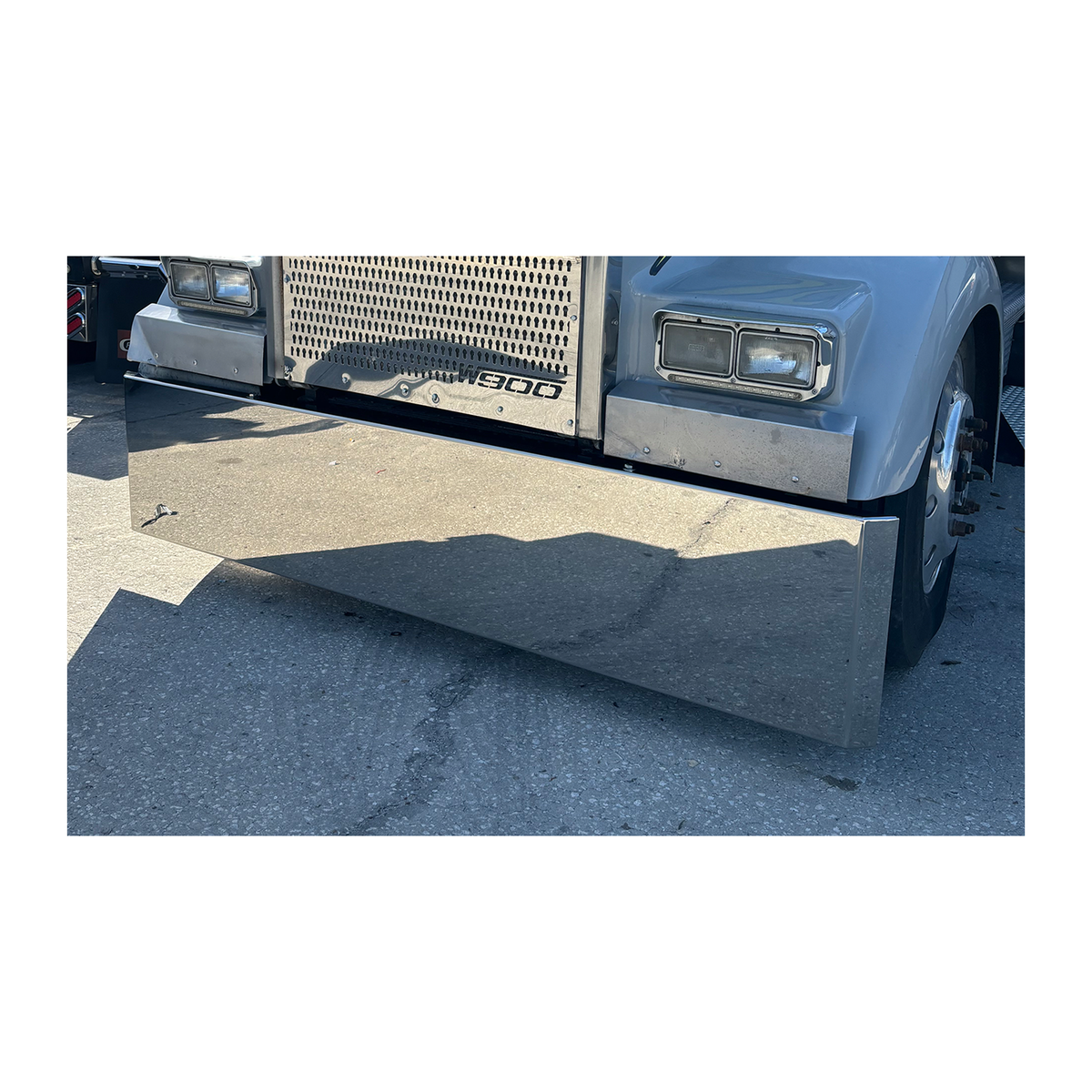 Kenworth W900 Steynless Steel Mitered End Bumper, Blind Mount & Mounting Plates For Kenworth By Floridas Finest Customs Works, Mirror Finish Made In USA